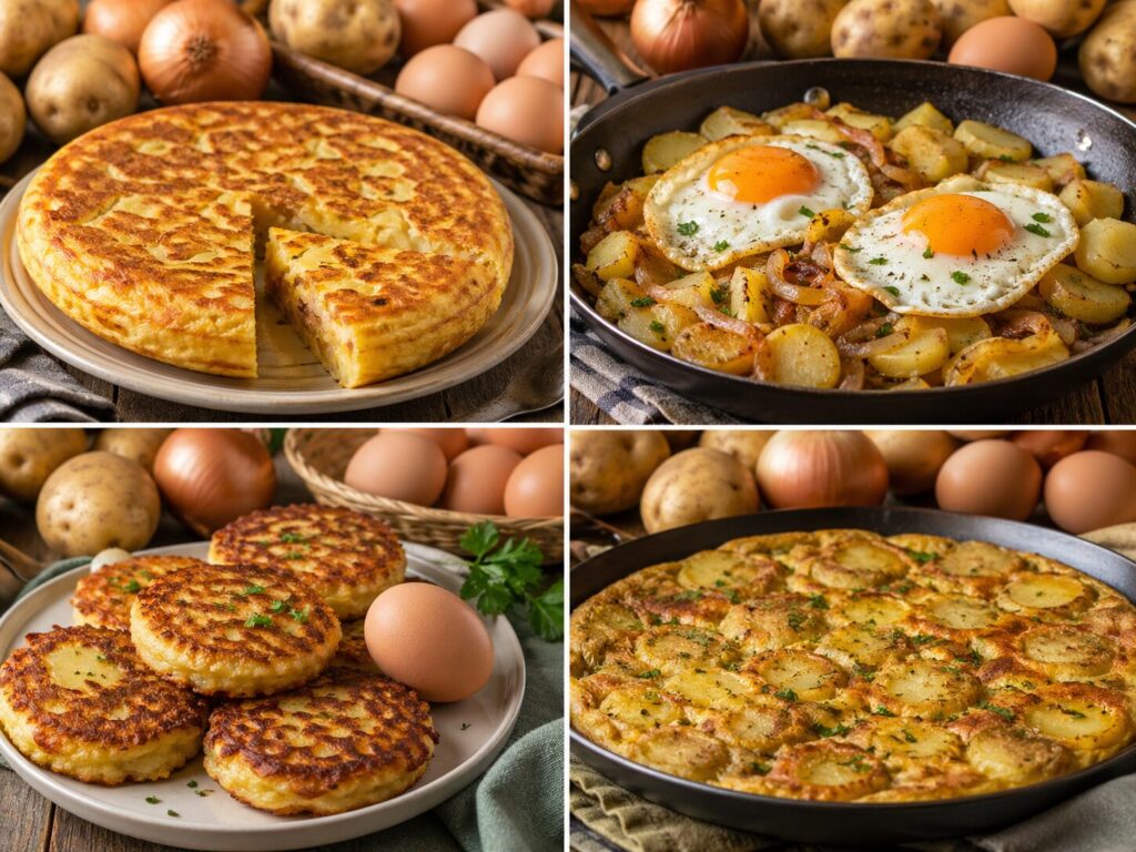 Ce gătești cu ouă, cartofi și ceapă — 4 rețete simple și ieftine: tortilla spaniolă, tocăniță cartofi cu ouă, supă cremă, ouă ochiuri pe cartofi prăjiți