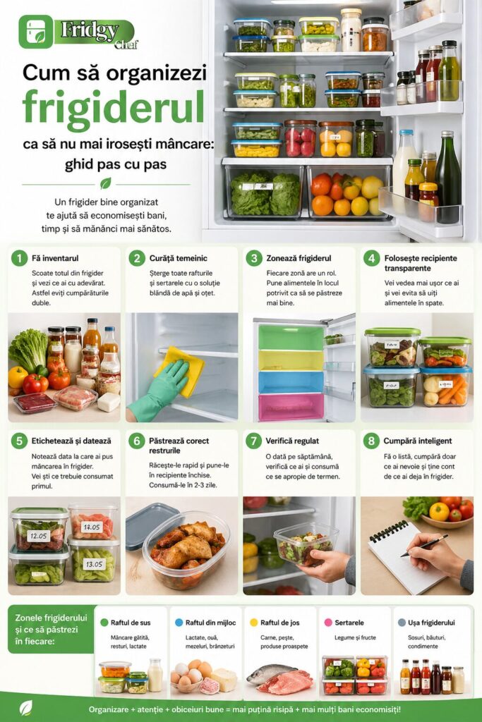 Cum să organizezi frigiderul ca să nu mai irosești mâncare — ghid pas cu pas, FIFO, zone de temperatură, containere transparente