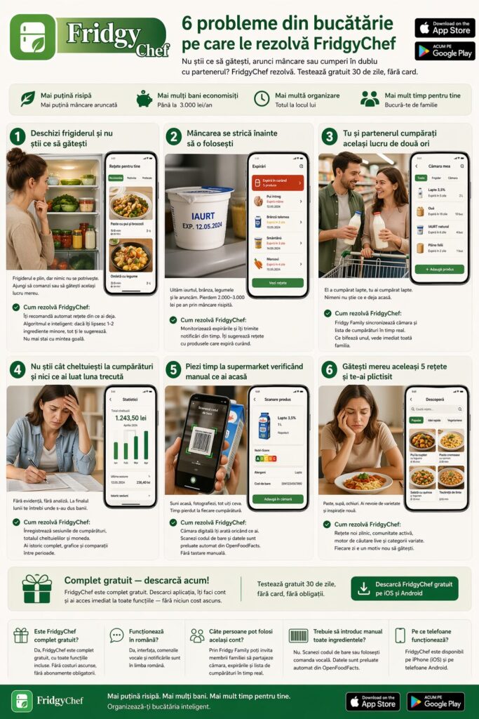 6 probleme din bucătărie pe care le rezolvă FridgyChef — cămara, expirări, lista de cumpărături