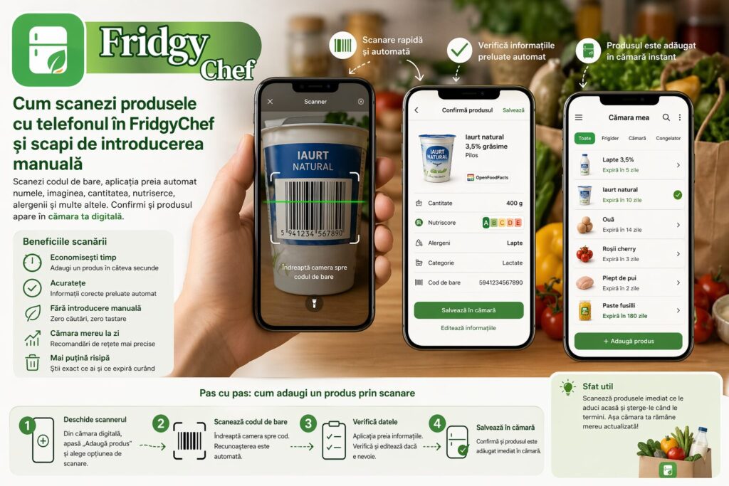 Cum scanezi produsele cu telefonul în FridgyChef — scanner de coduri de bare integrat