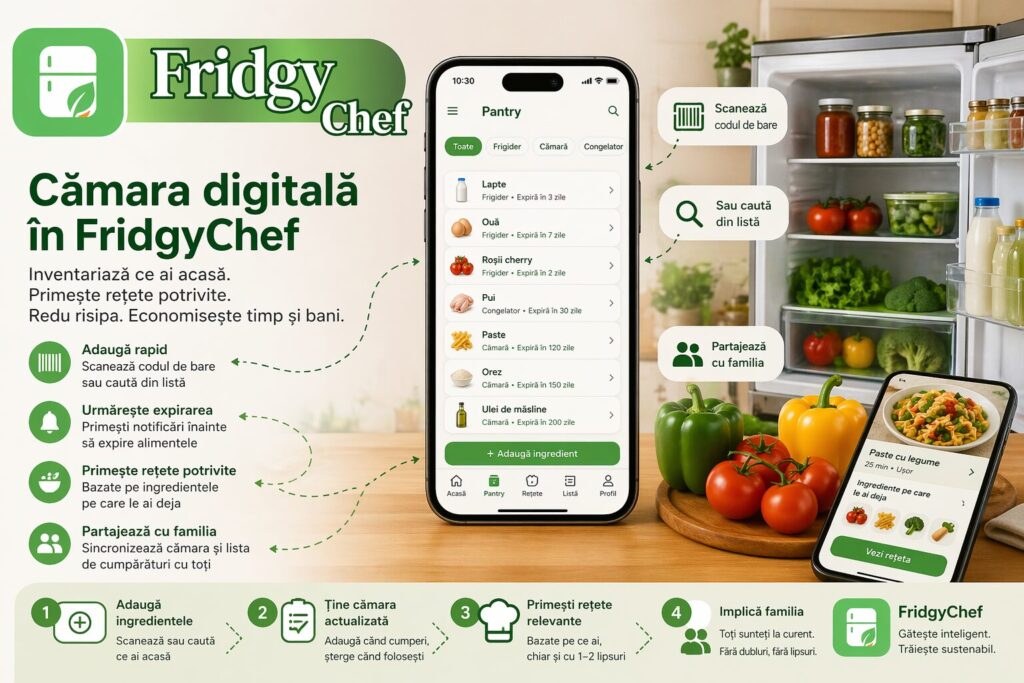 Cum funcționează cămara digitală din FridgyChef — ingrediente și rețete